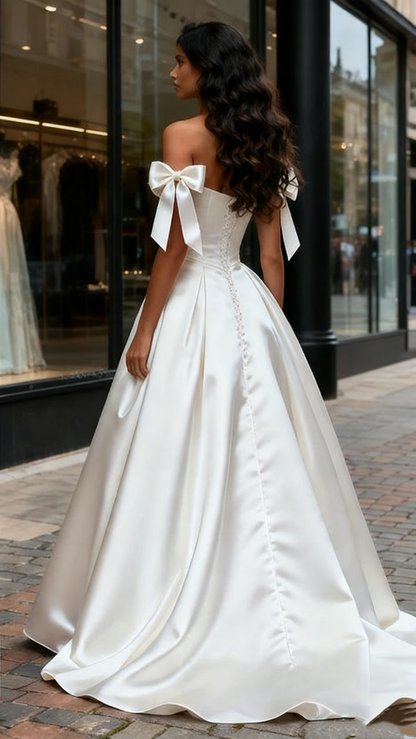 A Line Off The Shoulder Ruched Tie Shoulder Satin Wedding Dress