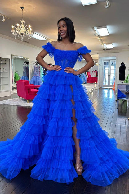 A-Line Sweetheart Off-Shoulder Sleeveless Pleated Tulle Tiered Prom Dress with High Slit