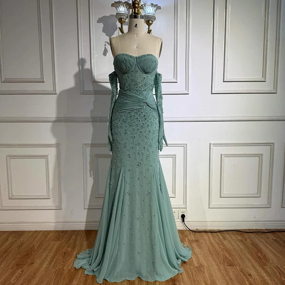 Turquoise Strapless Beaded Mermaid Evening Gown with Matching Gloves