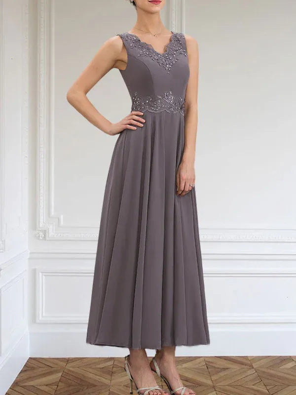 A-line V-Neck Ankle-Length Chiffon Mother of the Bride Dress