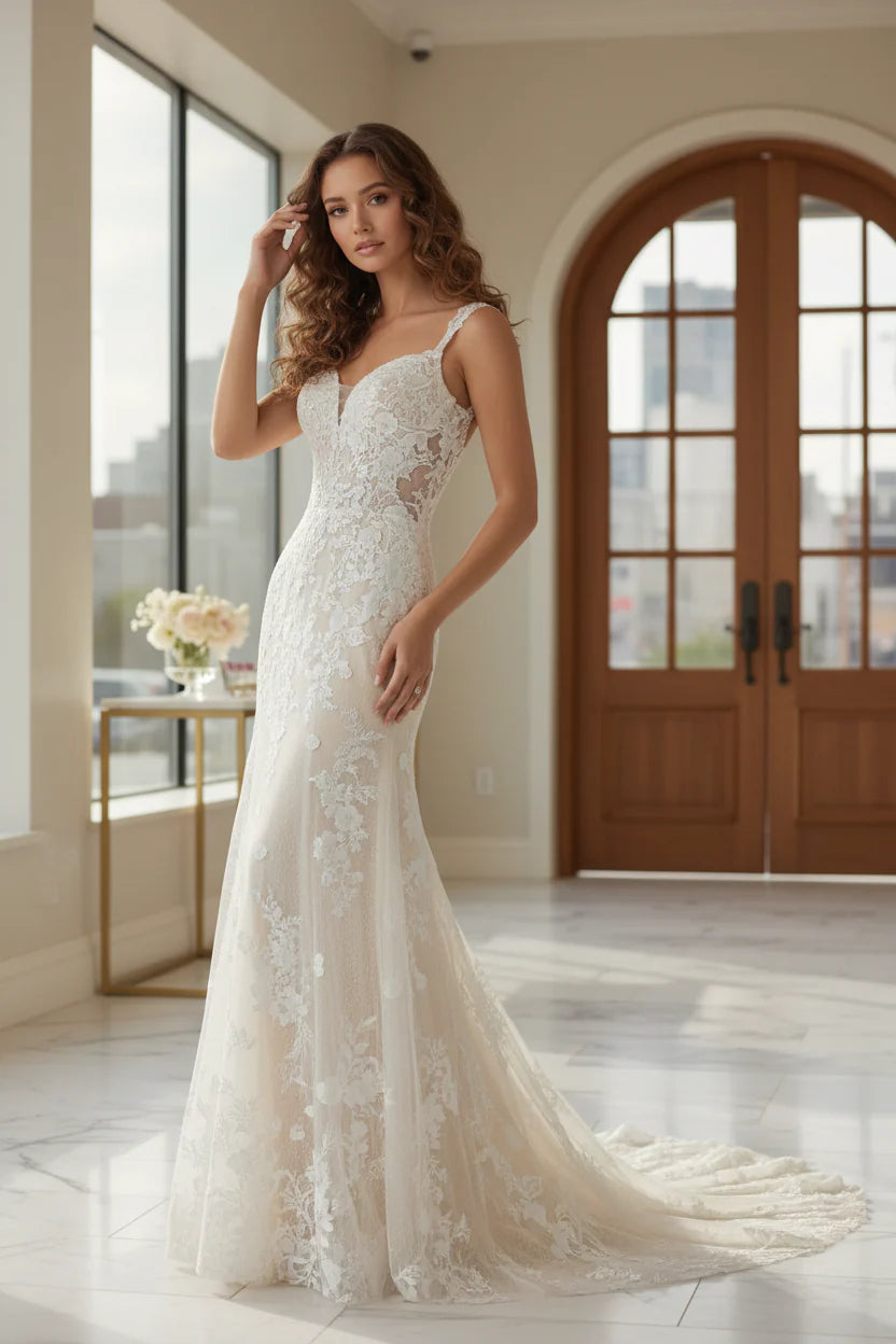 White Champagne Mermaid Sweetheart Sequins Tulle Wedding Dress