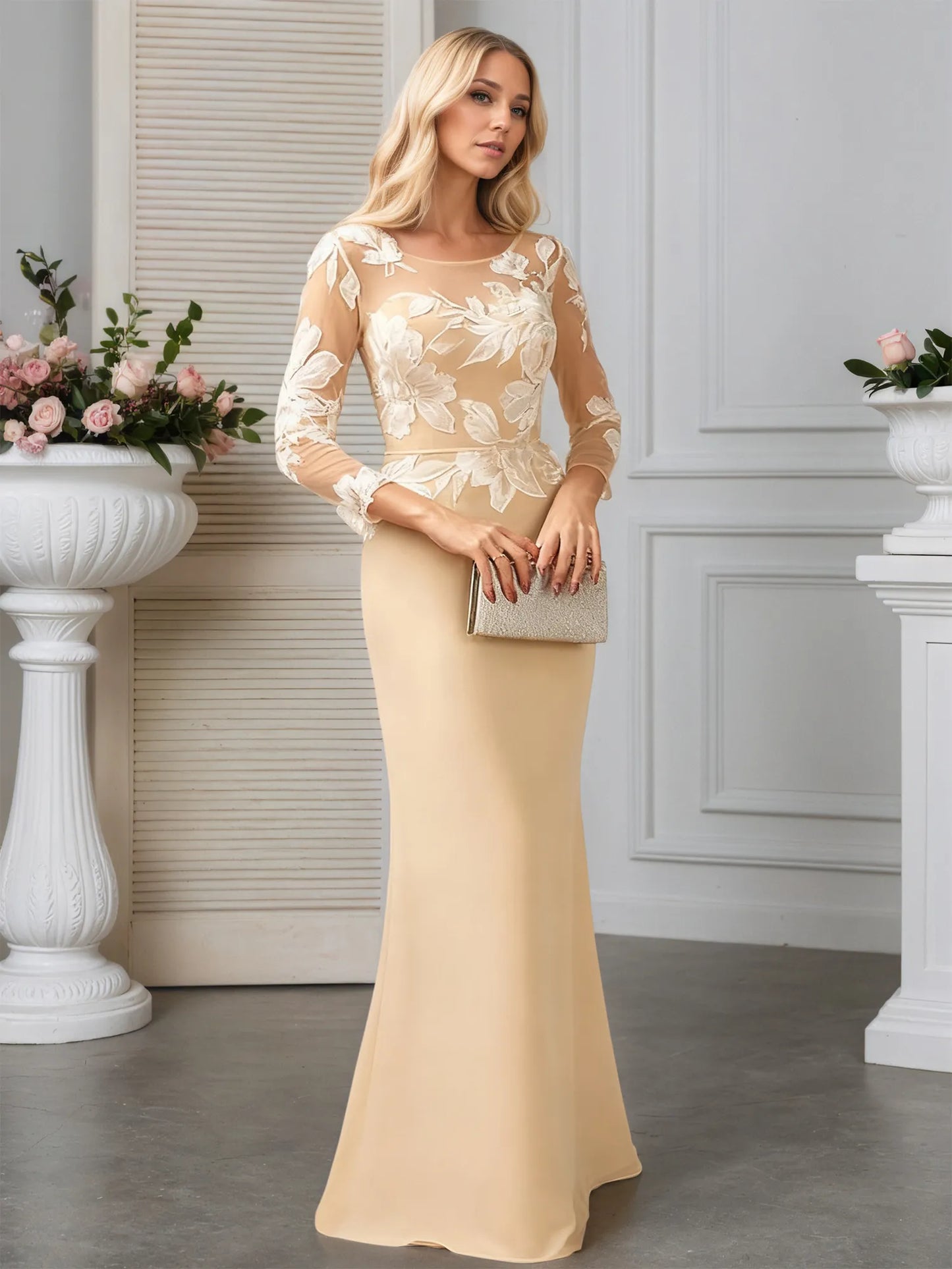 Sheath/Column Scoop Illusion Sweep Train Chiffon Evening Dress With Sequins