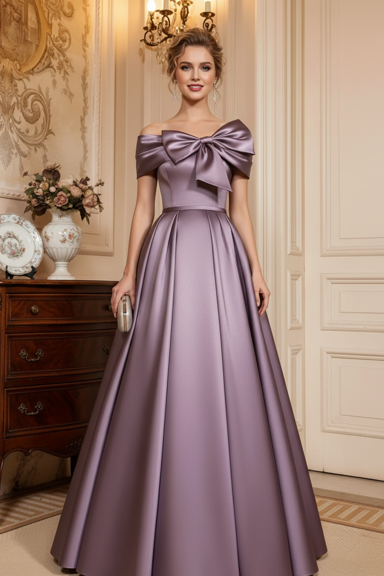 Elegant Off The Shoulder Bowknot Satin A-Line Evening Gown