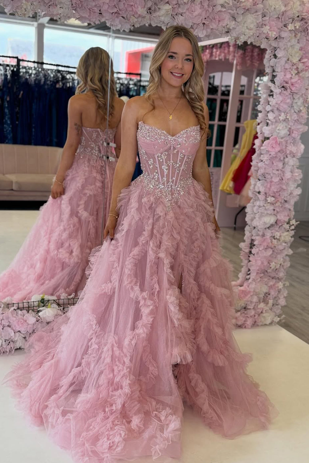 Fairy A Line V Neck Blush Pink Tulle Tiered Prom Dress