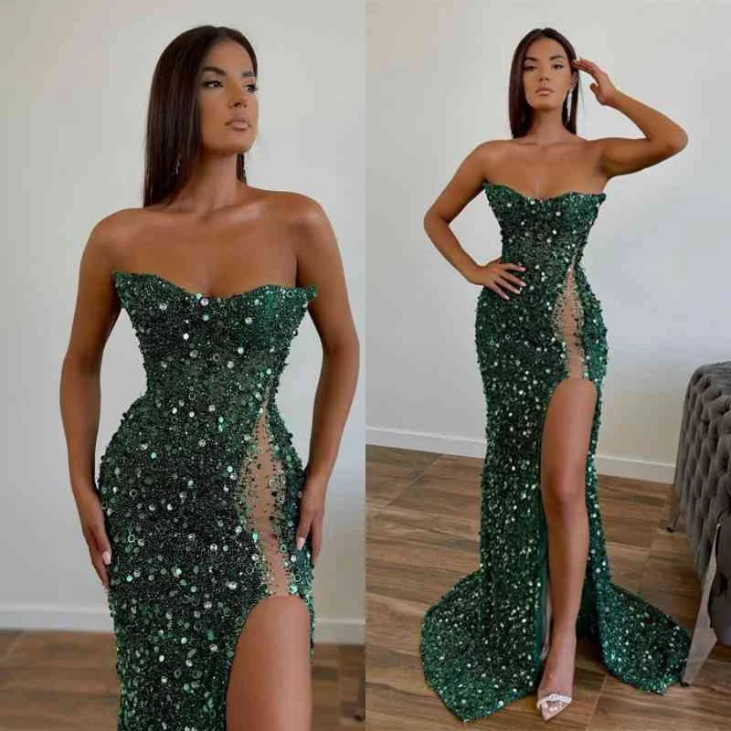 Dark Green Evening Dress with Sequins Sleeveless Slit Strapless