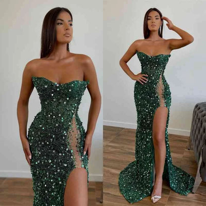 Dark Green Evening Dress with Sequins Sleeveless Slit Strapless