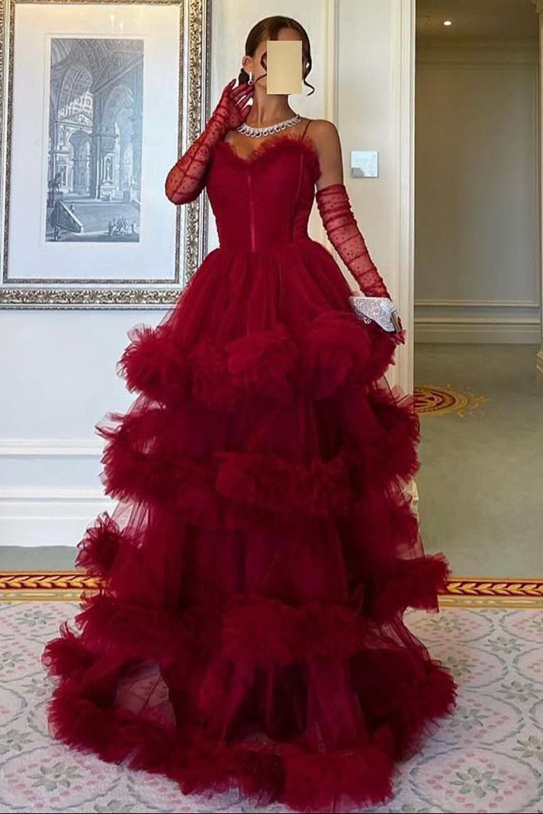 Red Ruffled Tiered Tulle Maxi Ball Gown