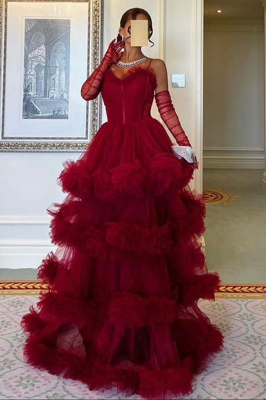 Red Ruffled Tiered Tulle Maxi Ball Gown