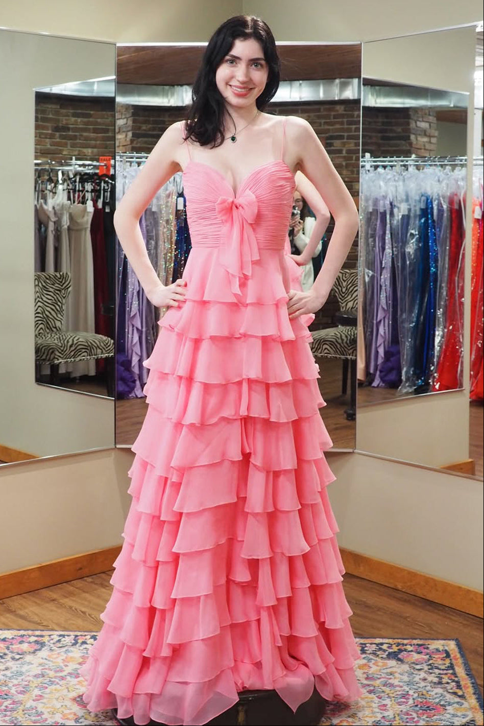 Cute A Line Sweetheart Pink Chiffon Tiered Long Prom Dress