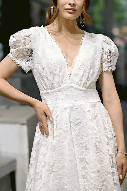 A-Line Tea Length Lace Little White Dress