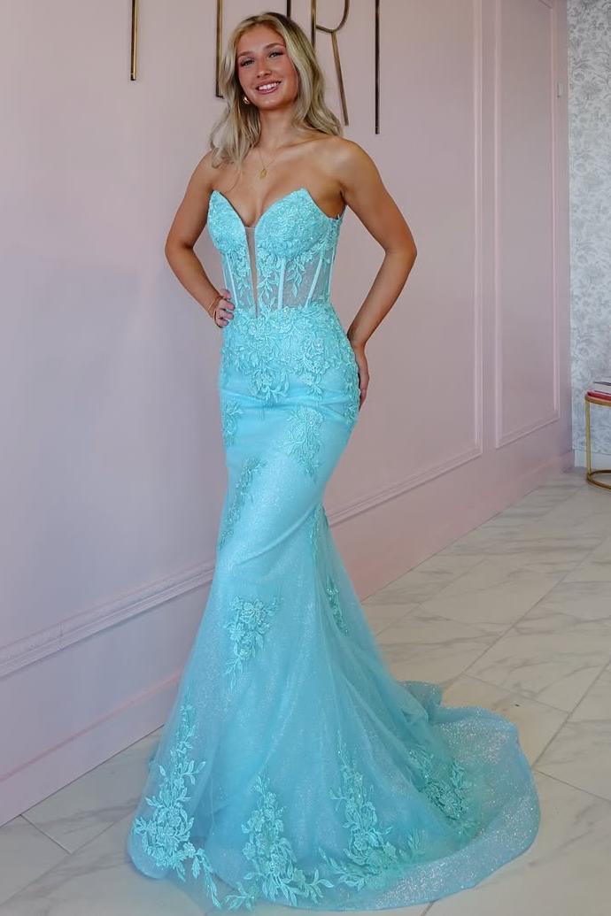 Tulle Strapless Sleeveless Long Mermaid Evening Formal Dress With Appliques