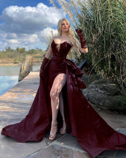 Asymmetrical-Neck Sleeveless Sequined Beaded Glitter-Satin Mermaid Prom Dress with Overskirt