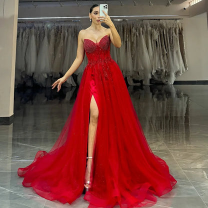 Red Tulle Strapless Split Beaded Prom Dress