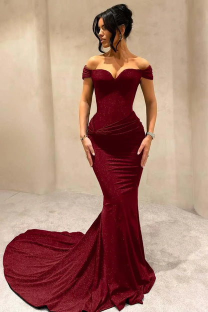 Chocolate Off-The-Shoulder Mermaid Prom Dress With Glitter