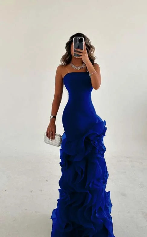 Dusty Blue Strapless Mesh Ruffles Sheath Prom Dress