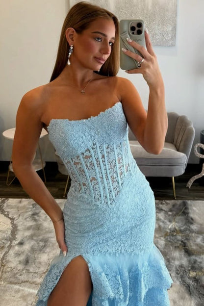 Mermaid Strapless Blue Lace Appliques Ruffle Tiered Long Prom Dress