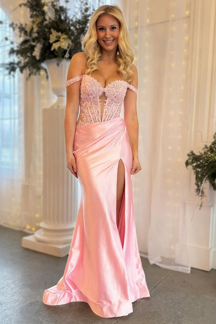 Charming Mermaid Off the Shoulder Blush Satin Prom Dress