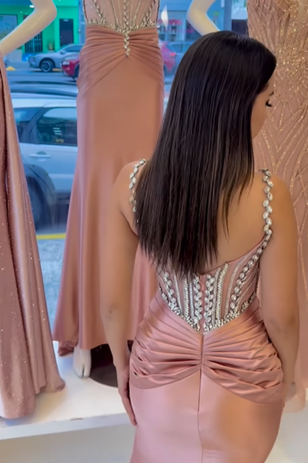 Rose Gold Beaded Gorgeous Mermaid Pleated Prom Dress