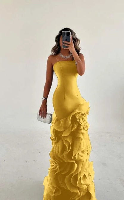 Dusty Blue Strapless Mesh Ruffles Sheath Prom Dress