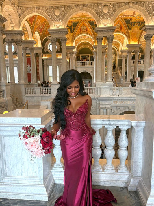 Fuchsia With Lace Slit Prom Dress For Women