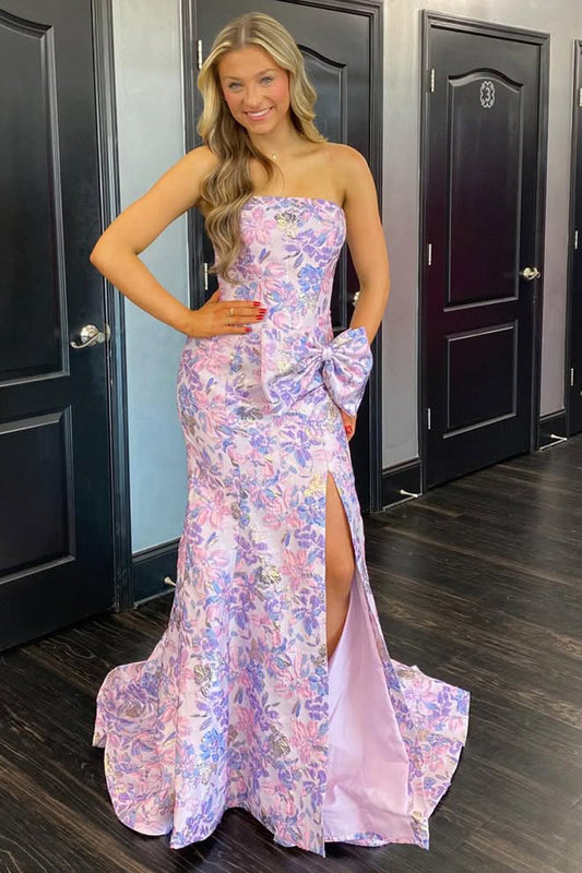 Mermaid Strapless Lavender Jacquard Satin Prom Dress