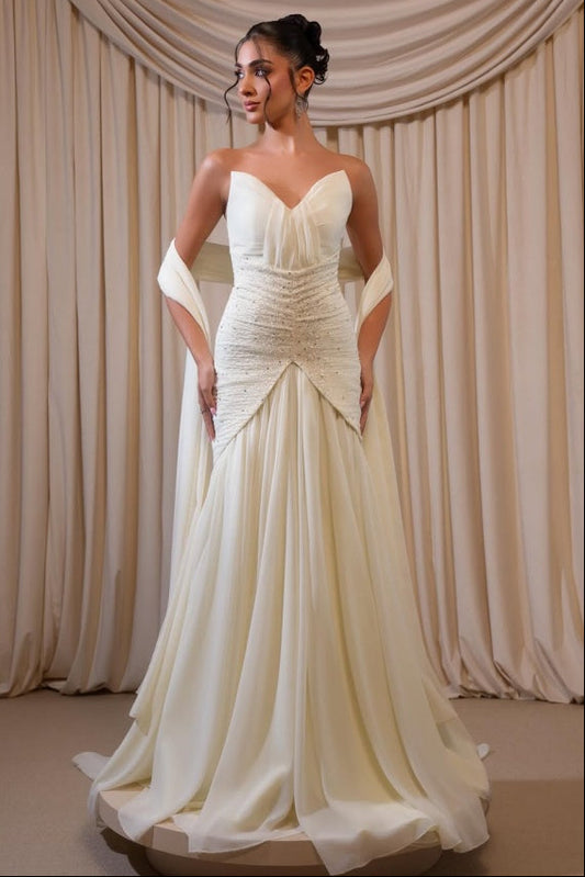 Sweetheart Beaded Elegant Pleated Sleeveless Prom Dress With Scarf