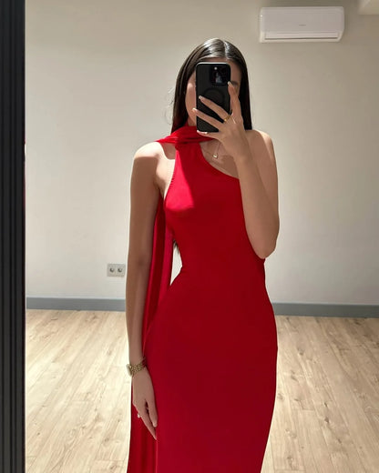 Red Halter Slim Fit Backless Prom Dress