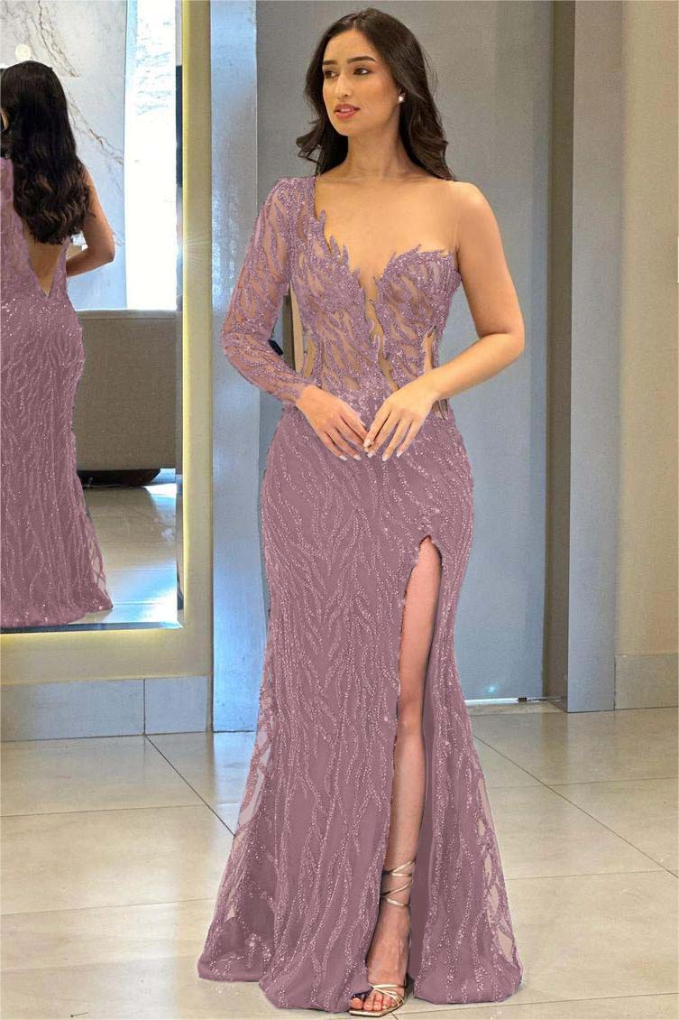 One Shoulder One Long Sleeve Backless Mermaid Split Prom Dress