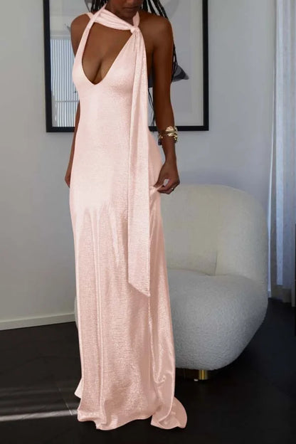 Pearl Pink Halter V-neck Sheath Shining Prom Dress ZT0665