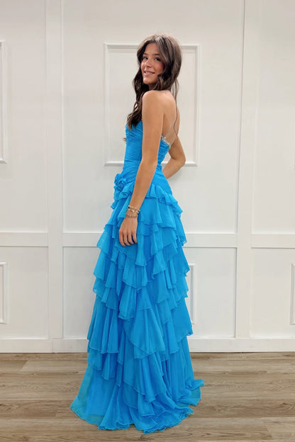 Sheath Strapless Blue Chiffon Long Tiered Prom Dress