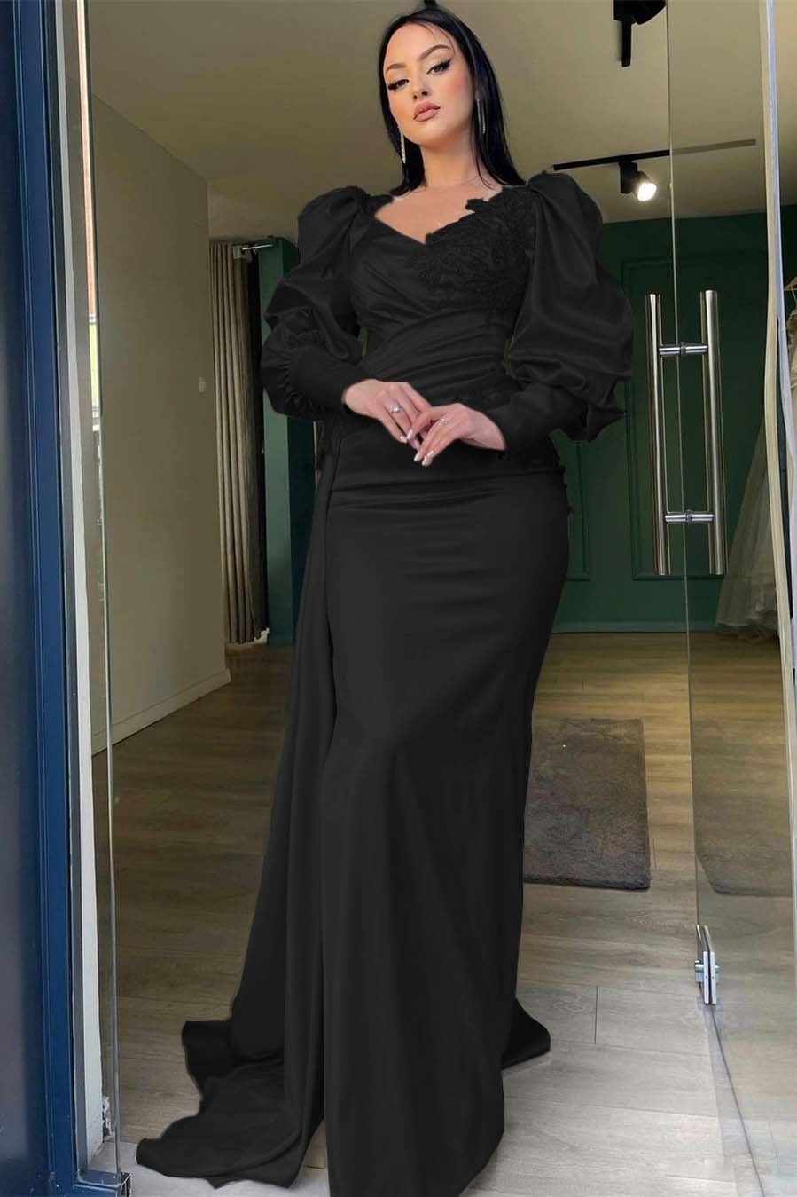 Long Puff Sleeves Pleated Mermaid Split Prom Dress