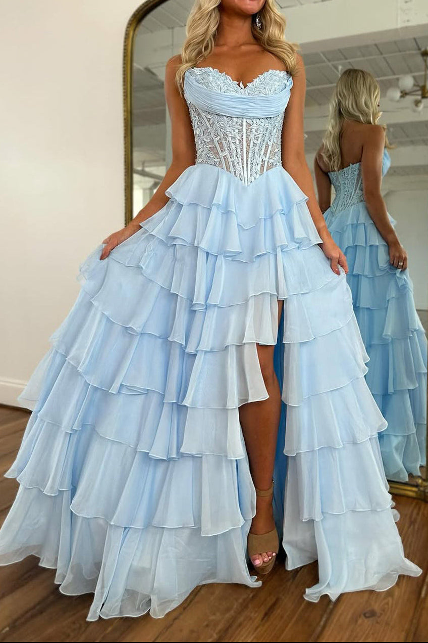 Cute A-Line Sweetheart Light Blue Chiffon Tiered Prom Dress