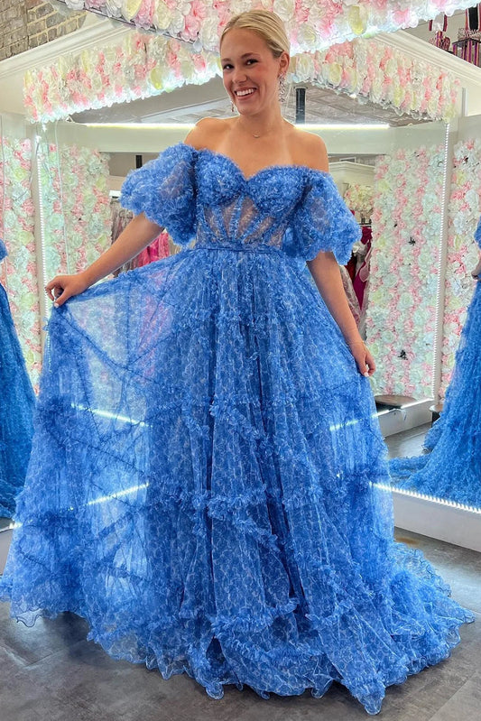 Blue A-Line Corset Long Tulle Floral Prom Dress with Ruffles