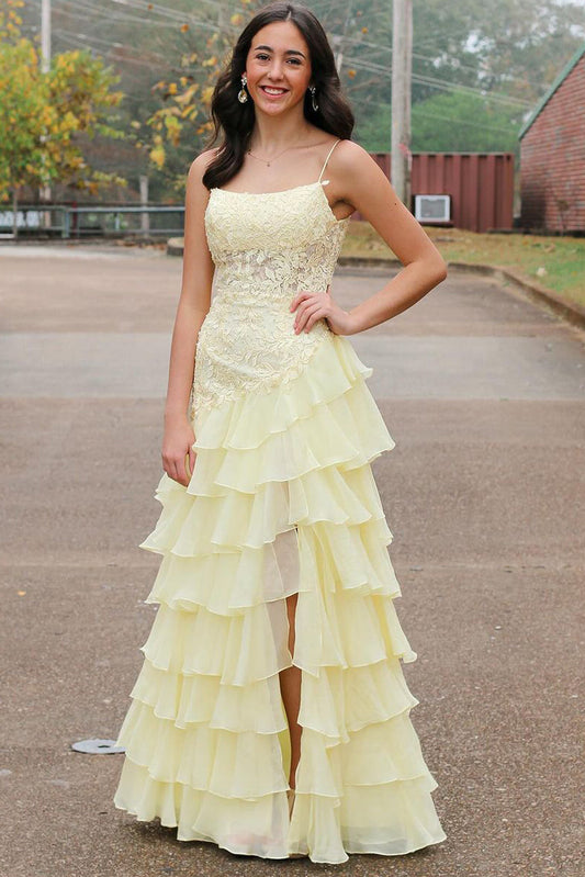 Cute A Line Scoop Neck Daffodial Tiered Chiffon Long Prom Dress
