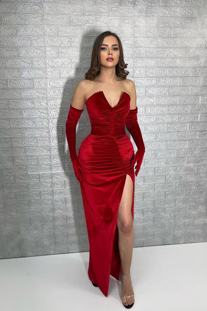 Classic Red V-Neck Velvet Prom Dress Pleated with Gloves