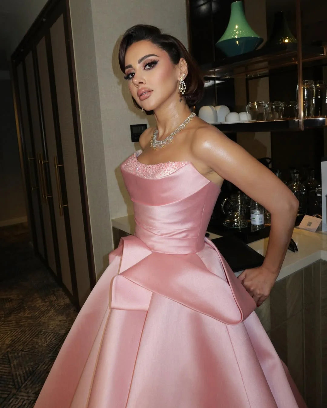 Candy Pink Strapless Beaded A-Line Prom Dress