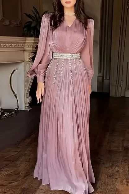 Rhinestone Chain Fringe Belt V Neck Long Sleeve Maxi Dresses-Pink