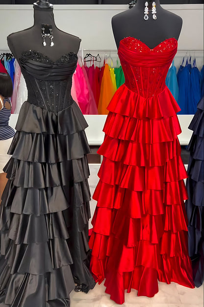 A-Line Strapless Navy Blue Ruffle Tiered Satin Long Prom Dress