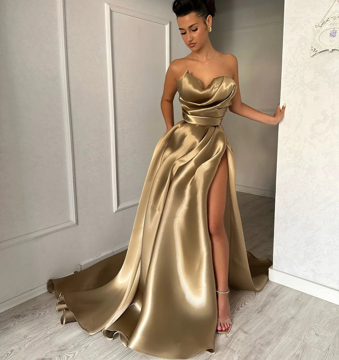 Chic Strapless Split Pleated Prom Dress