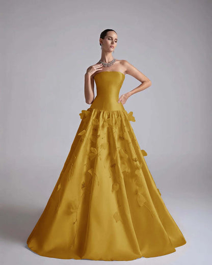 Strapless Sleeveless Long A-Line Prom Dress With Flower Appliqués And Beadings