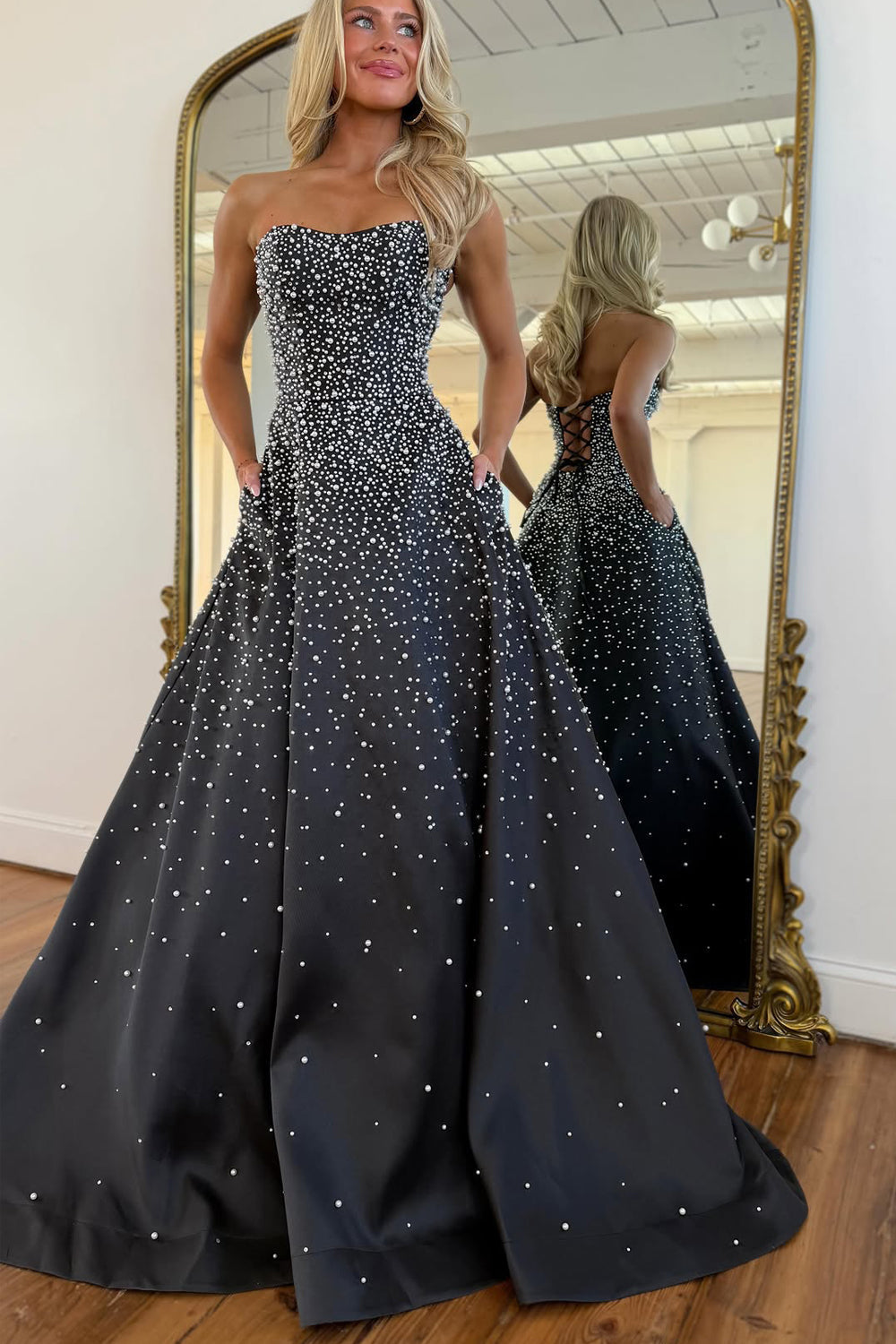 Glitter A Line Strapless Black Hot Fix Satin Prom Dress