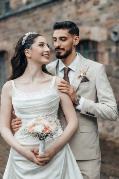 Romantic A-Line Spaghetti Strap Square Sleeveless Satin Wedding Dress