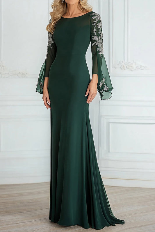 Scoop Neck Chiffon Lace A Line Long Sleeves Mother of the Bride Dress