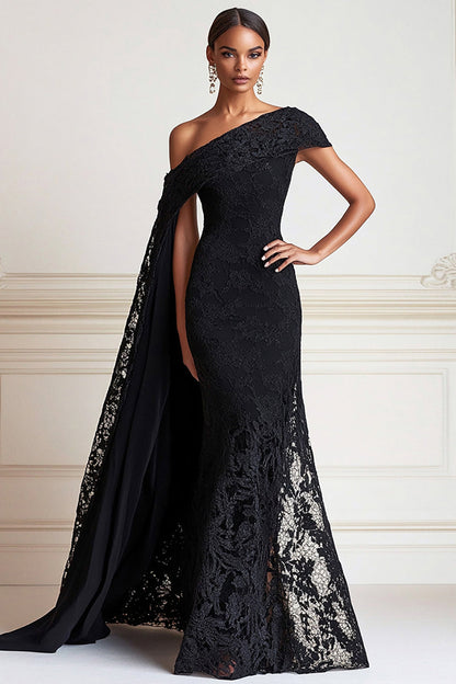 Black Mermaid One Shoulder Lace Long Mother of the Bride Dress