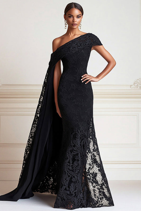 Black Mermaid One Shoulder Lace Long Mother of the Bride Dress
