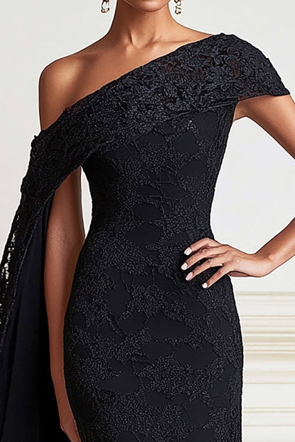 Black Mermaid One Shoulder Lace Long Mother of the Bride Dress