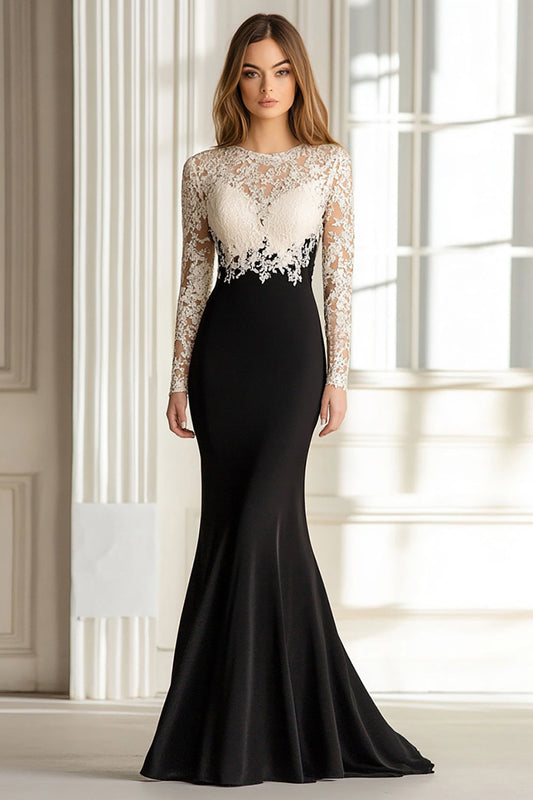 Black White Mermaid Lace Top Long Sleeves Scoop Satin Mother of the Bride Dress