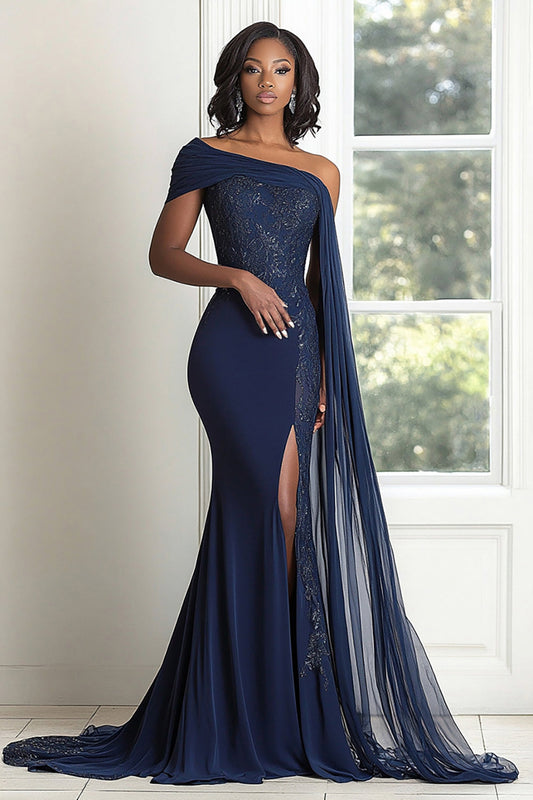 Elegant Navy One Shoulder Mermaid Applique Chiffon Long Mother of the Bride