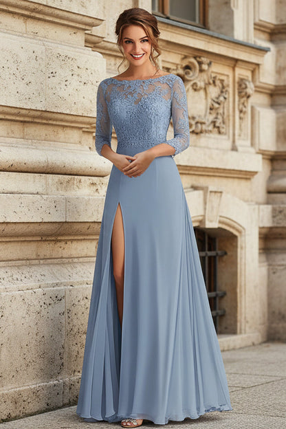 Elegant Dusty Blue A-Line Scoop Long Chiffon Mother Of the Bride Dress