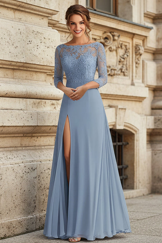 Elegant Dusty Blue A-Line Scoop Long Chiffon Mother Of the Bride Dress